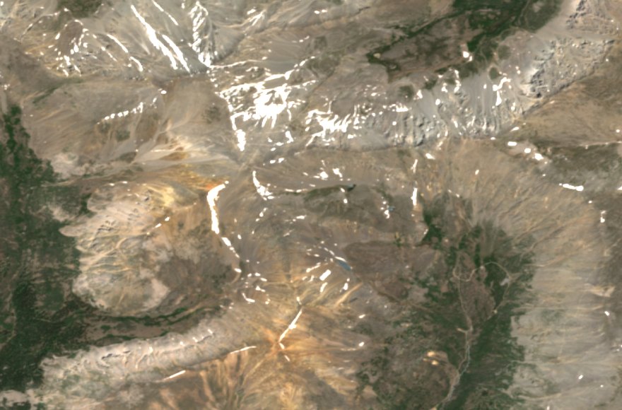 Sentinel-2 satellite view of Grays Peak, Colorado — snow held in the high couloirs while the lower slopes melt out